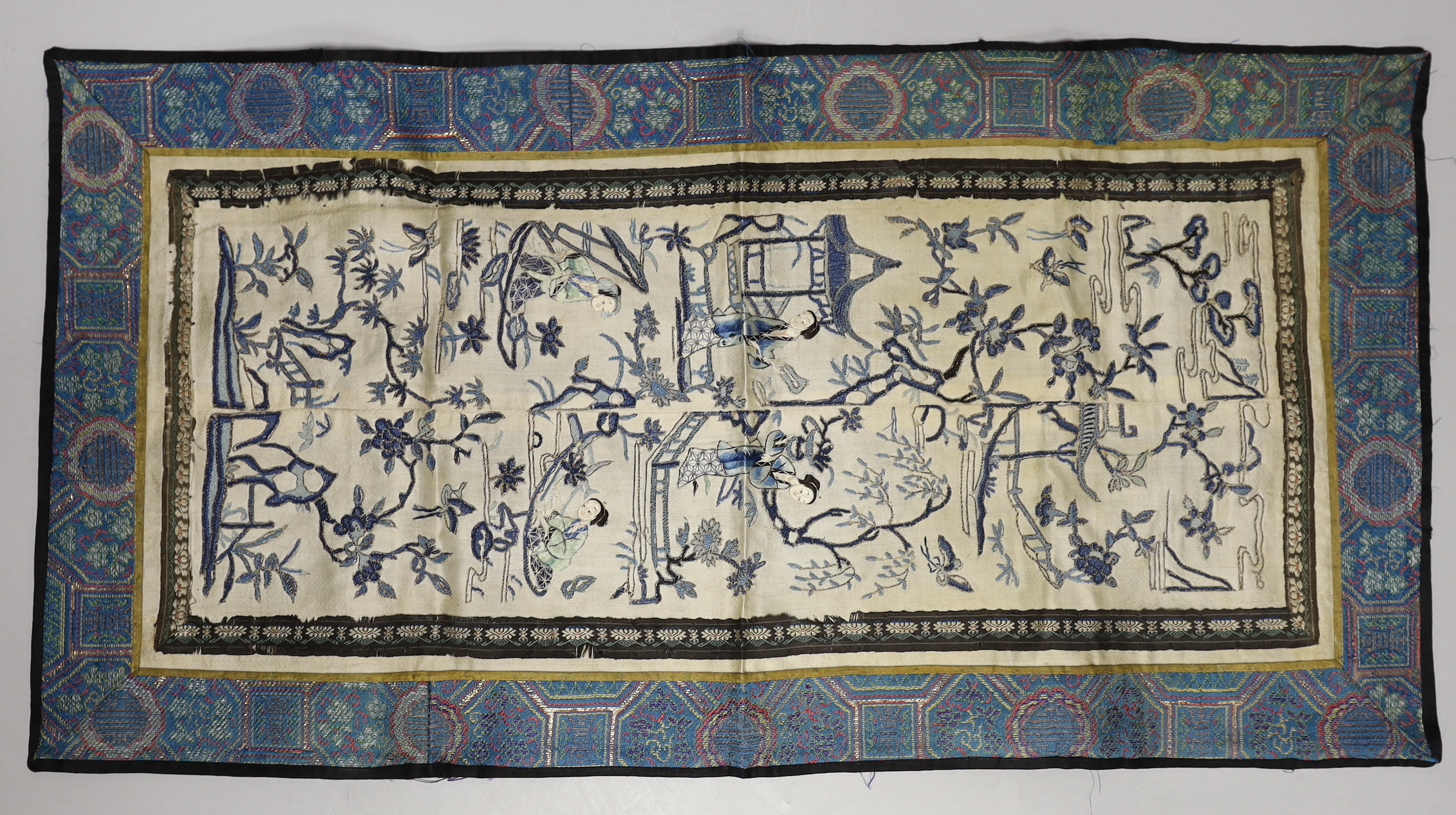 Three late 19th century Chinese silk embroidered panels, possibly made from sleeve bands, together with another pair of later embroidered sleeve bands and three other embroideries